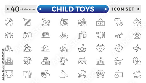 Child Toys, Baby, children and child outline icon set. Newborn, diaper, baby bottle, crib, pacifier, toy, pin, bib, first days of life, supplies, healthcare. Editable stroke outline icon.