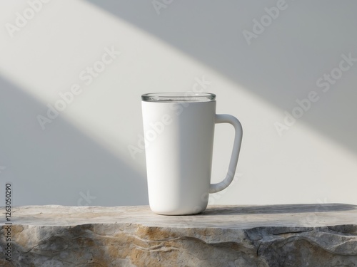 A plain white travel mug, standing upright on a stone surface with subtle natural shadows photo