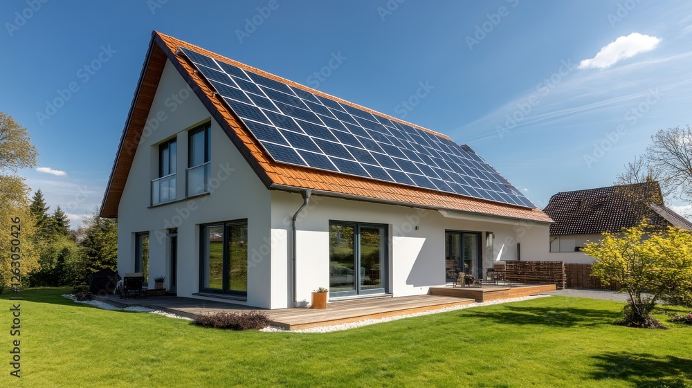 A modern house featuring solar panels on the roof, surrounded by greenery and blue skies, showcasing eco-friendly living. A modern house featuring solar panels on the roof, surrounded by greenery and blue skies, showcasing eco-friendly living.