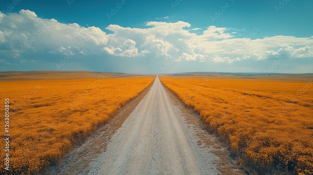 Fototapeta premium Golden Field Road Under Blue Sky With Clouds