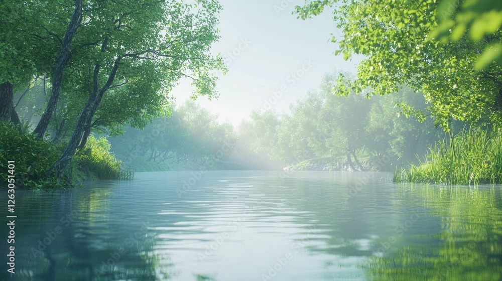 Serene River Landscape with Lush Green Trees and Misty Reflections Serene River Landscape with Lush Green Trees and Misty Reflections