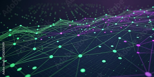 Abstract Network Green and Purple Nodes, Connected Data Visualization, Digital Landscape Network, Visualization