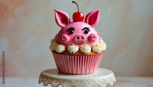 Adorable Pink Pig Cupcake with Creamy Frosting and Decorative Features photo