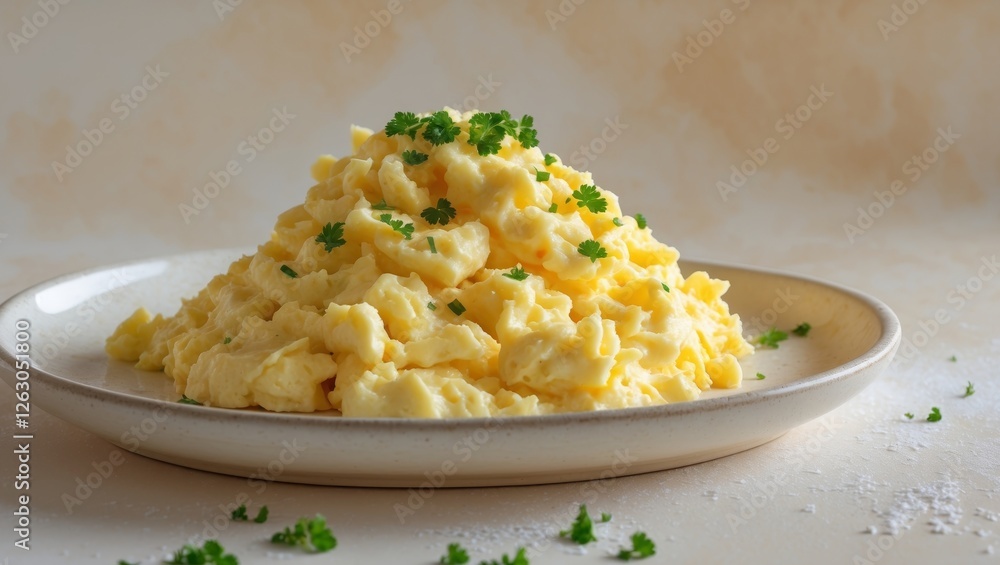 Fluffy scrambled eggs on a white plate symbolize simplicity and comfort in breakfast cuisine Fluffy scrambled eggs on a white plate symbolize simplicity and comfort in breakfast cuisine