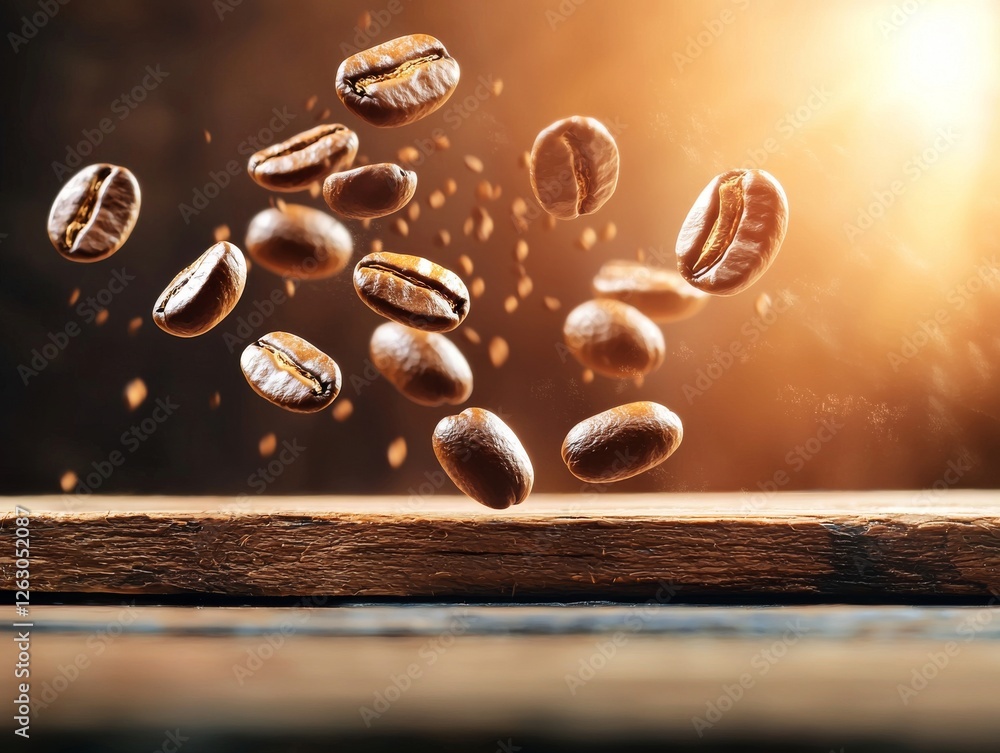 Roasted Coffee Beans Falling on Wooden Surface Capturing Motion Warm Light Close-Up View Coffee Photography Roasted Coffee Beans Falling on Wooden Surface Capturing Motion Warm Light Close-Up View Coffee Photography