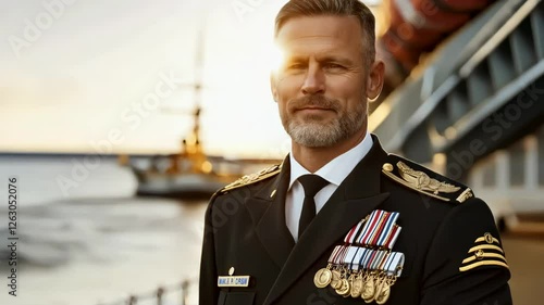 In a serene harbor at sunset, a distinguished captain wearing a crisp uniform and an array of medals exudes confidence and leadership. The warm glow illuminates the scene, enriching the atmosphere.