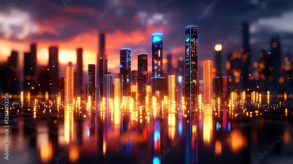Futuristic cityscape with glowing skyscrapers and vibrant lights reflecting on water. scene captures dynamic urban environment at sunset, evoking sense of wonder and innovation Futuristic cityscape with glowing skyscrapers and vibrant lights reflecting on water. scene captures dynamic urban environment at sunset, evoking sense of wonder and innovation