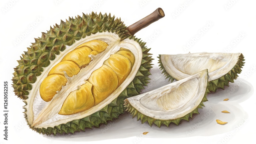 Fototapeta premium Durian Watercolor Painting Halved Fruit and Segments, Botanical Illustration, Tropical Fruit, Still Life, Durian, Watercolor Durian, Botanical Illustration