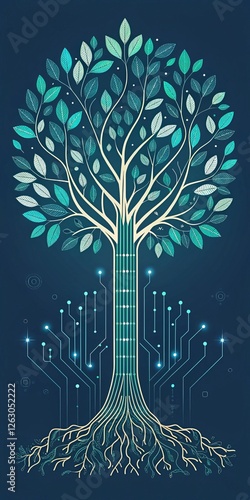 Digital Tree of Life Teal and Beige Circuitry, Intricate Line Art, Network Concept, Digital Nature Digital Art, Technology Tree