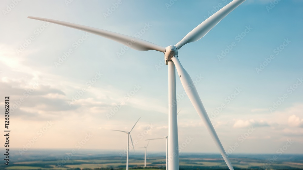 Fototapeta premium A scenic view of wind turbines against a clear sky, symbolizing renewable energy and sustainability in an expansive landscape.