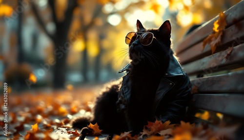 Cool Cat in Leather Jacket Autumn Park Photo