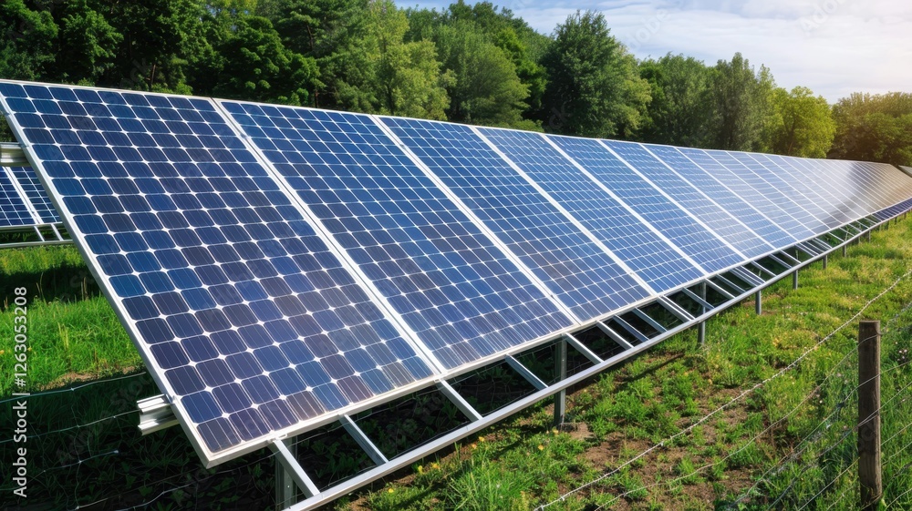 A row of solar panels reflects sunlight, showcasing renewable energy technology amidst lush greenery and trees. A row of solar panels reflects sunlight, showcasing renewable energy technology amidst lush greenery and trees.