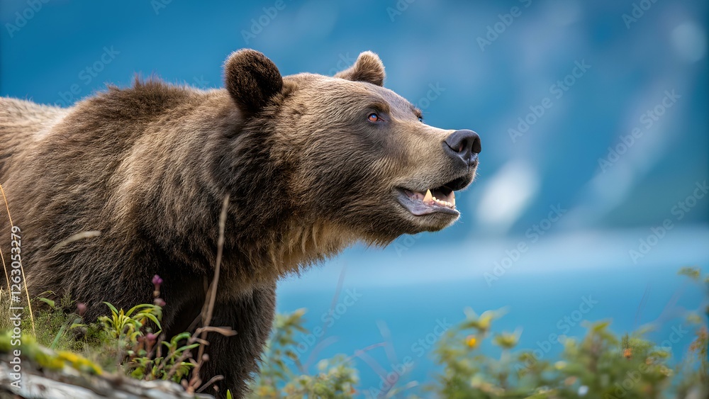 Fototapeta premium A bear is exploring its natural habitat, sniffing the air with curiosity. The blue lake and distant mountains create a tranquil backdrop during a calm afternoon.