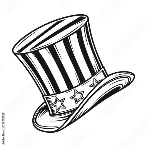 Uncle sam hat vector illustration, detailed line drawing, minimalist design, black and white design isolated on a white background