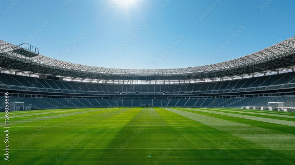 Naklejka premium A modern stadium under a clear blue sky, featuring a lush green field and spacious seating, perfect for sporting events and gatherings.