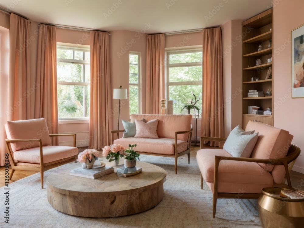 Fototapeta premium Elegant Living Room With Pink Accents And Wooden Furniture