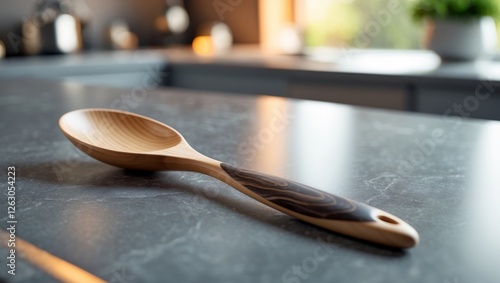 Introducing a Stylish Wooden Serving Spoon Perfect for Contemporary and Modern Kitchens. photo