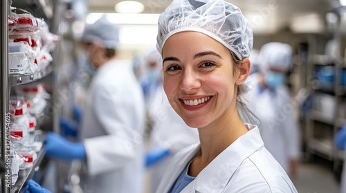 Wallpaper Mural scientist smiling in laboratory, wearing white coat and hairnet, surrounded by colleagues and equipment, showcasing positive work environment Torontodigital.ca