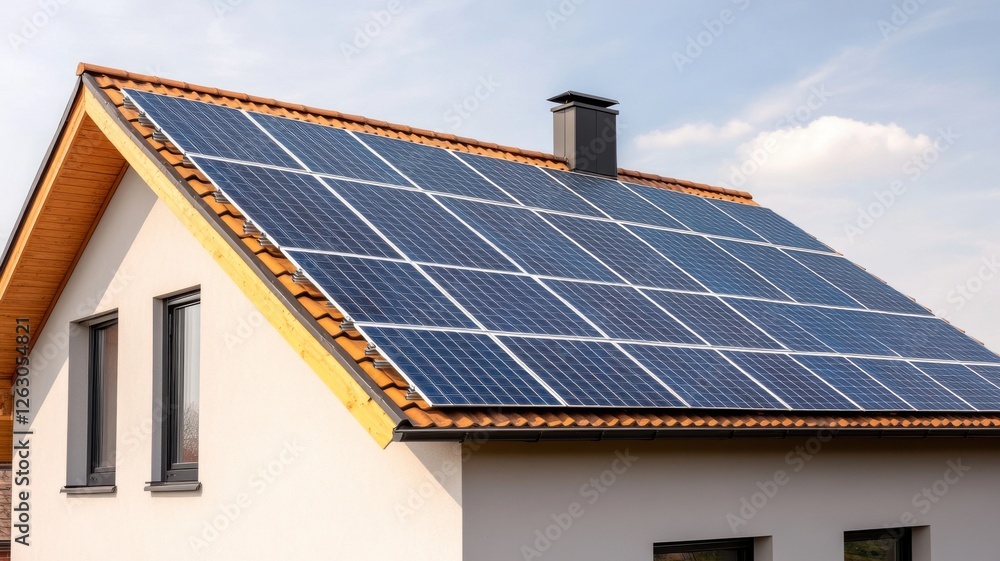 A modern house featuring a solar panel roof, harnessing solar energy under a clear blue sky. A modern house featuring a solar panel roof, harnessing solar energy under a clear blue sky.