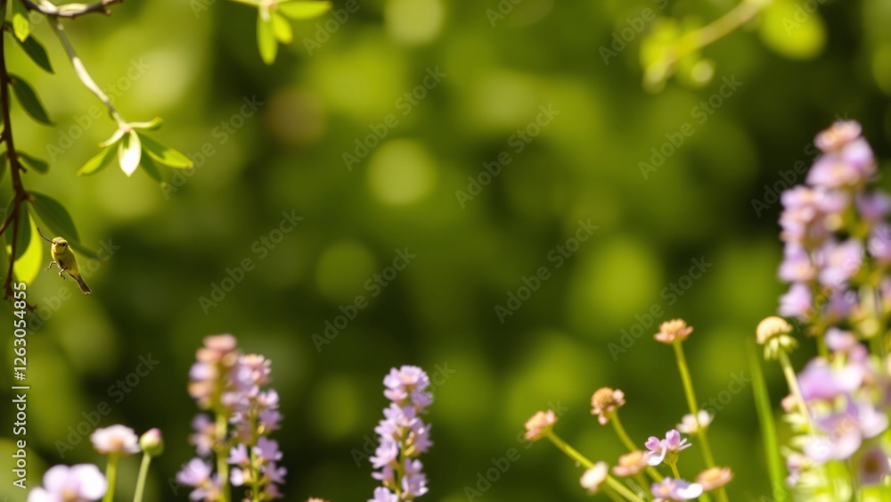 Serene Springtime Meadow Tiny Bird and Delicate Wildflowers in Soft Sunlight Serene Springtime Meadow Tiny Bird and Delicate Wildflowers in Soft Sunlight