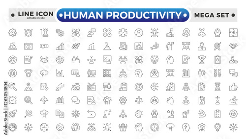 Human Productivity outline icon set productivity and efficiency. Linear business and leader symbols efficiency, task, focus, multitasking, workflow, growth, and routine. Editable stroke outline icon.