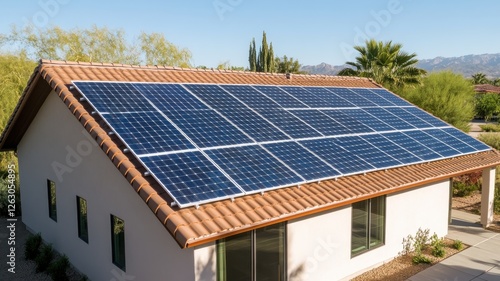 Wallpaper Mural A modern home equipped with solar panels on the roof, surrounded by greenery and mountains, highlighting sustainable energy solutions. Torontodigital.ca