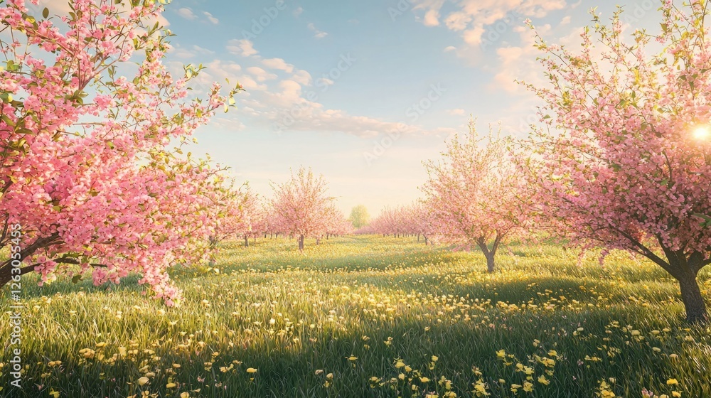 Serene Spring Landscape with Pink Blossom Trees and Green Grass Serene Spring Landscape with Pink Blossom Trees and Green Grass