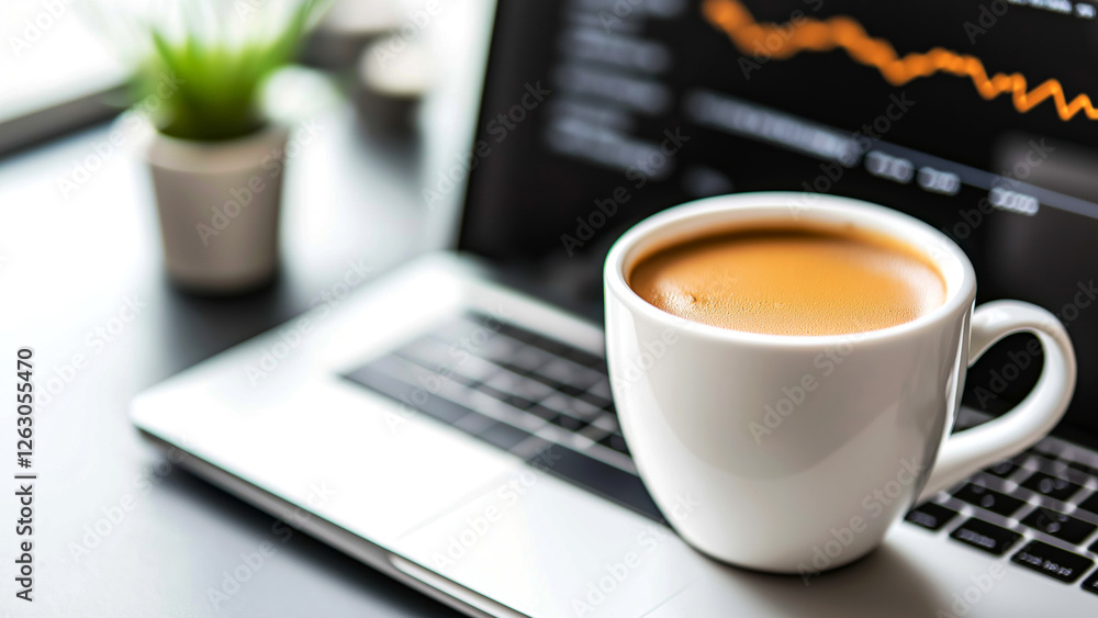 Coffee cup on laptop with stock market graph in background Coffee cup on laptop with stock market graph in background