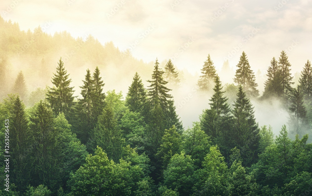 Fototapeta premium Misty Evergreen Forest at Sunrise A Tranquil Landscape with Fog and Sunlight