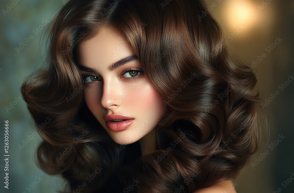 Fototapeta premium Fashion Portrait Beautiful Model with Long Wavy Curls Glossy Red Hair Smiling Elegant Makeup