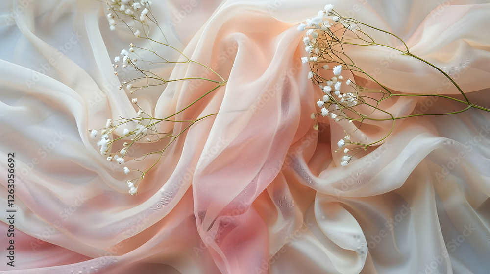 Fototapeta premium Delicate pastel silk fabric draped with tiny white flowers, creating a soft, romantic ambiance