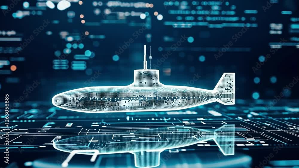 High-tech digital rendering of a submarine in a virtual interface in 3d style. Concept of advanced military technology and virtual simulation.