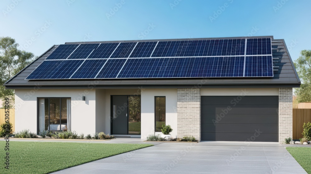A modern house features a sleek design with solar panels on the roof, set against a clear blue sky and a well-maintained lawn. A modern house features a sleek design with solar panels on the roof, set against a clear blue sky and a well-maintained lawn.