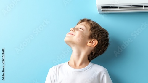 Happy boy enjoying cool air from an air conditioner while standing against a blue wall, feeling relaxed and content in warm weather
