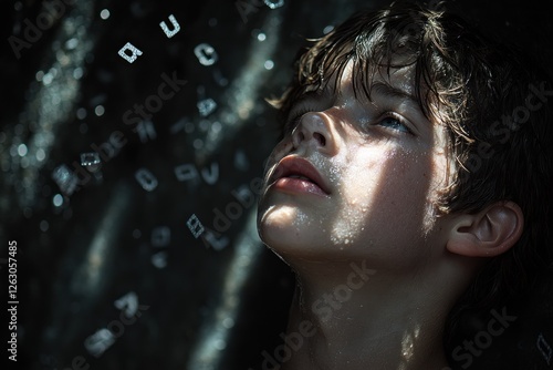 Imaginative Boy Surrounded by Floating Letters in a Dark Room photo