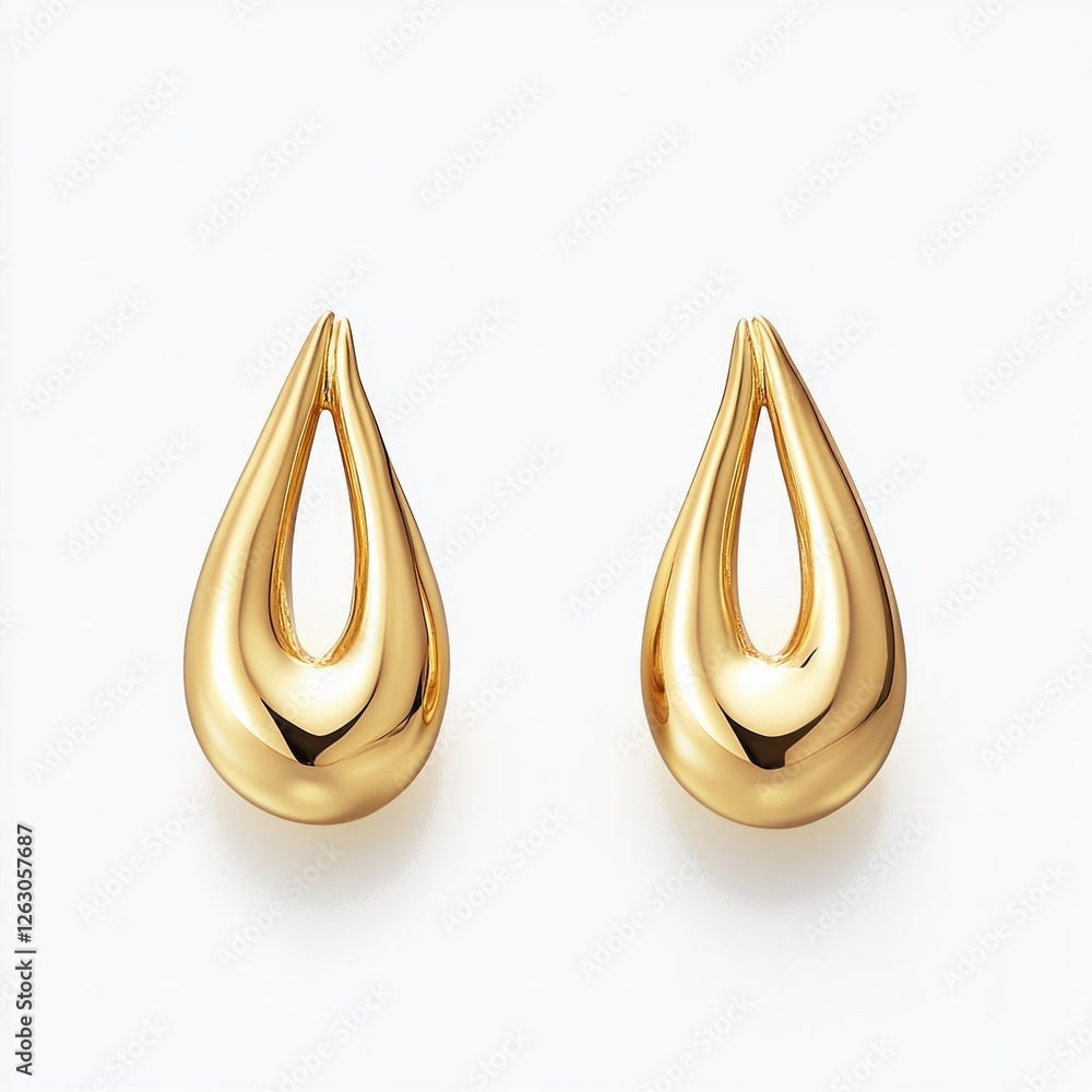 Elegant gold teardrop earrings with smooth curves on white background Elegant gold teardrop earrings with smooth curves on white background