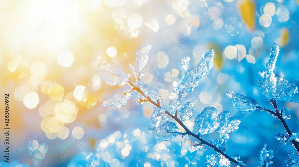 Fototapeta premium Frosty Branches Sparkling Under Sunshine and Beautiful Bokeh Effect