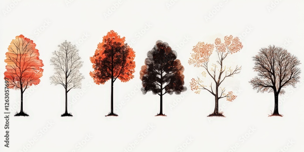 Fototapeta premium A mesmerizing array of uniquely shaped trees stands in perfect symmetry, their vibrant foliage ranging from fiery reds to warm oranges, creating an enchanting autumnal scene