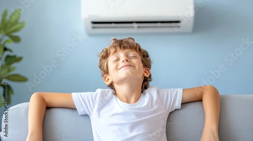 Happy child enjoying comfortable indoor air while relaxing on a couch in a modern living room with an air conditioning unit on a blue wall