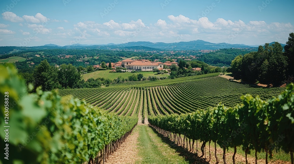 Fototapeta premium Vineyard Estate in Rolling Hills Under a Blue Sky