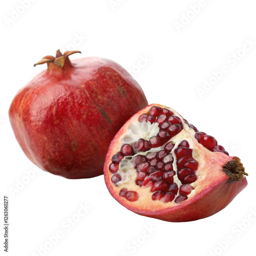 Fresh and Juicy Pomegranate with Opened Section Showing Bright Red Seeds on White Background with Clipping Path