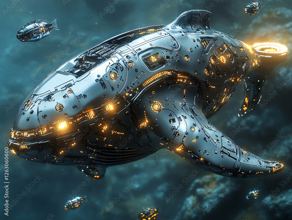 Naklejka premium a futuristic, metallic whale swimming underwater with glowing circuitry and a serene oceanic background.