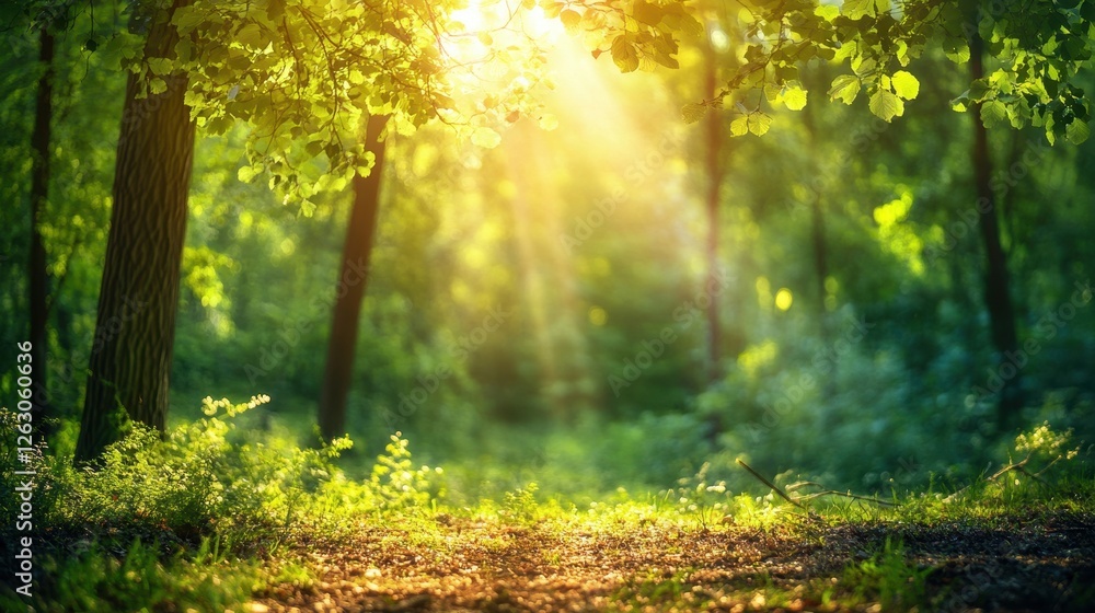Obraz premium Golden Sunlight Filtering Through Lush Green Forest Canopy, Creating a Serene and Enchanting Woodland Scene.