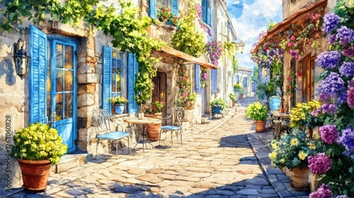 Fototapeta Naklejka Na Ścianę i Meble -  Narrow cobblestone street in a charming European village with yellow and beige stone buildings