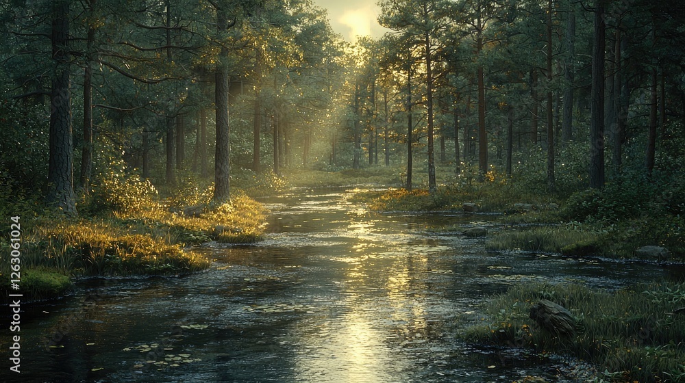 Obraz premium Serene Sunset Over Forest Stream And Trees