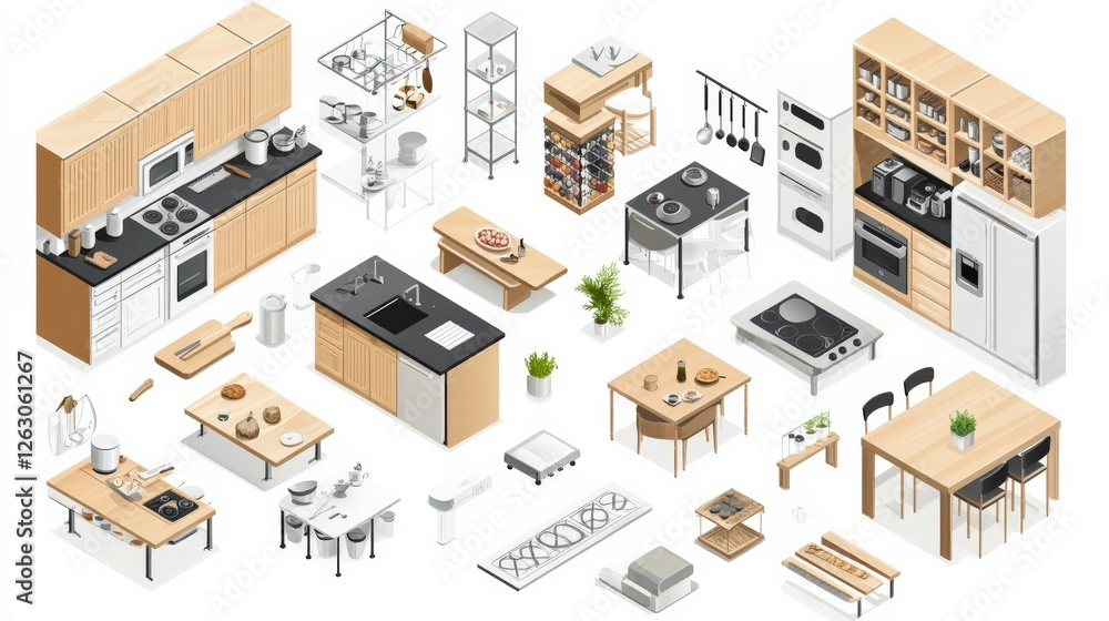 Modern kitchen interior design showcasing various appliances, furniture, and utensils in a bright layout Modern kitchen interior design showcasing various appliances, furniture, and utensils in a bright layout