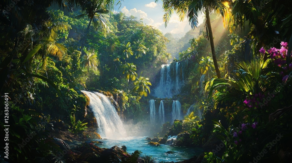 Fototapeta premium Lush Tropical Rainforest Landscape with Waterfalls and Sunlight
