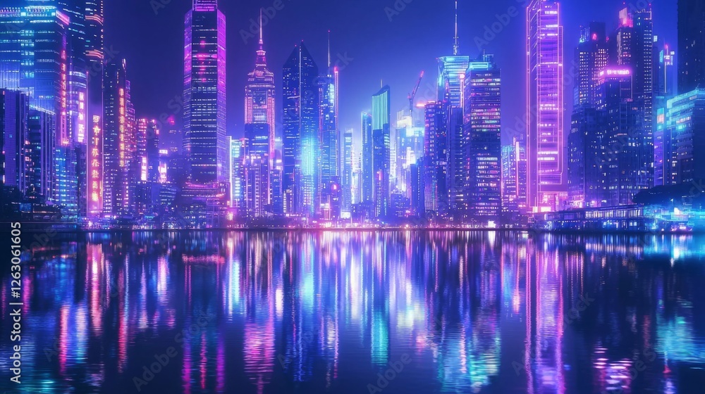 Neon City Skyline at Night with Reflections on Water Surface Neon City Skyline at Night with Reflections on Water Surface