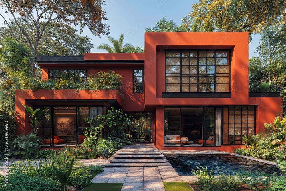 A minimalist red house with modern architecture under a sunny sky. A minimalist red house with modern architecture under a sunny sky.