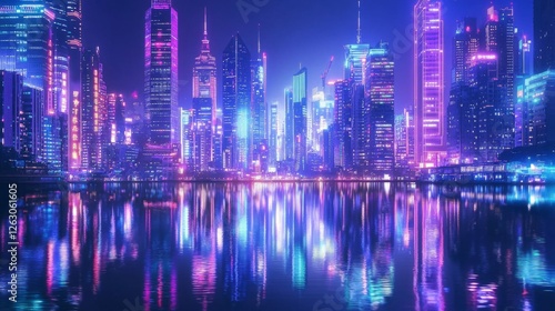 Wallpaper Mural Neon City Skyline at Night with Reflections on Water Surface Torontodigital.ca